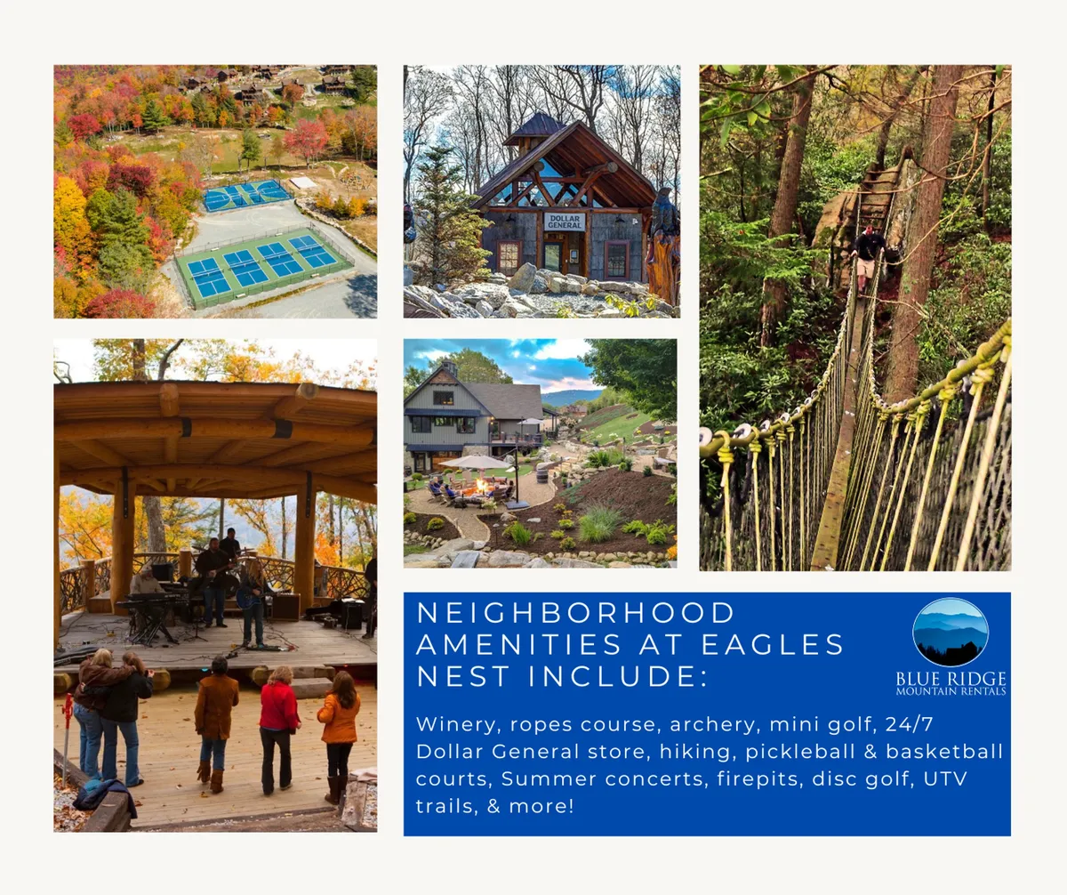 A vibrant scene featuring the Eagles Nest community amenities: tennis courts, a wooden gazebo, luxurious mountain homes, a suspension bridge, and a stage with live performers. The image is lively and dynamic, reflecting the community energy and diverse activities available.